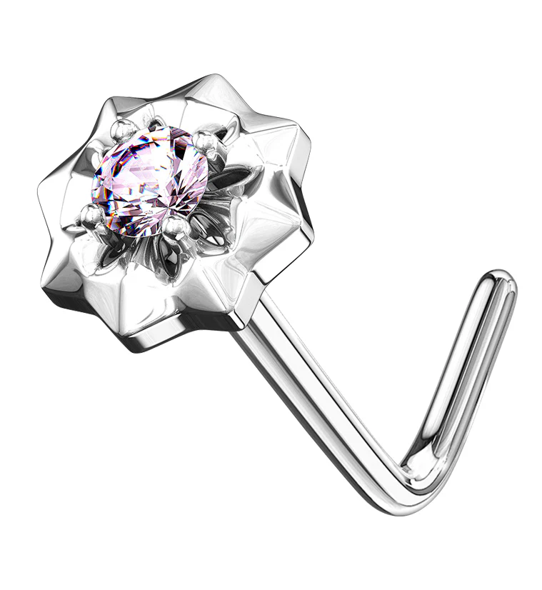 14kt White Gold Sol Pink CZ L Bend Nose Ring - Mrs Treak