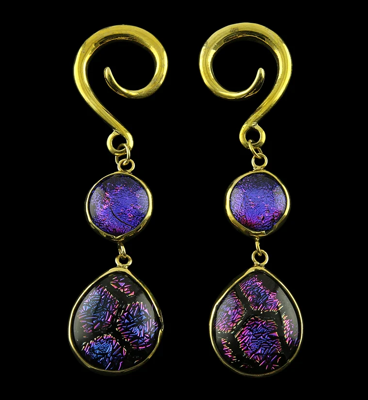 Psychedelic Double Teardrop Dichroic Glass Brass Ear Weights - Mrs Treak