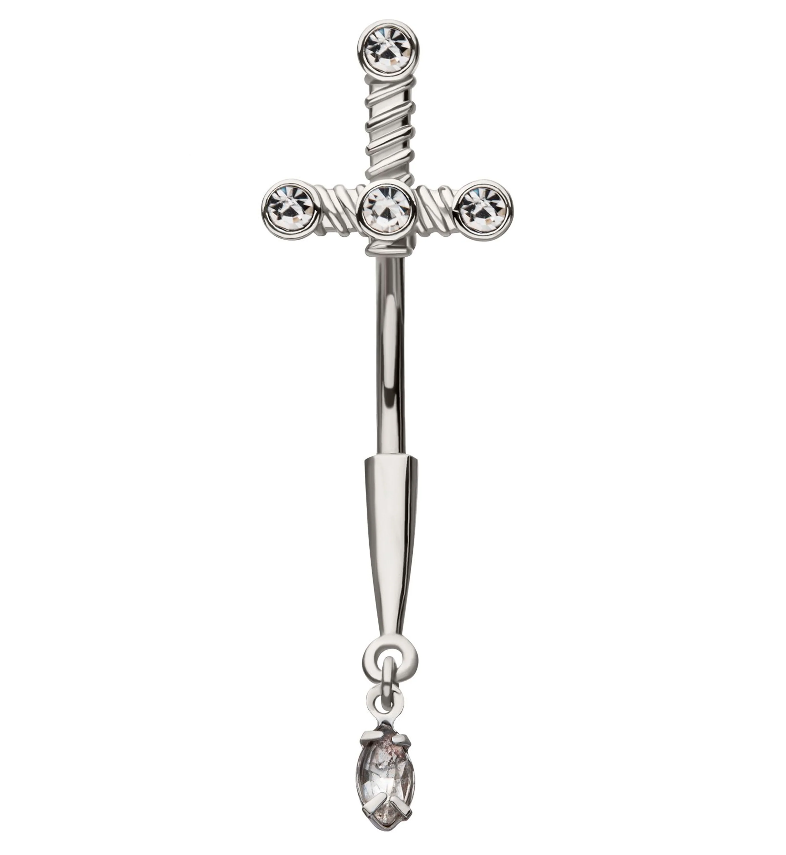 Dagger Clear CZ Dangle Stainless Steel Belly Button Ring - Mrs Treak