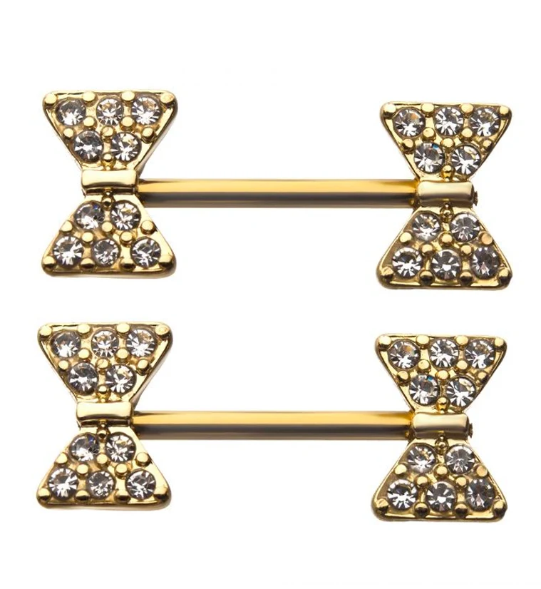 14G Golden Bow Tie Gem Nipple Rings Barbell - Mrs Treak