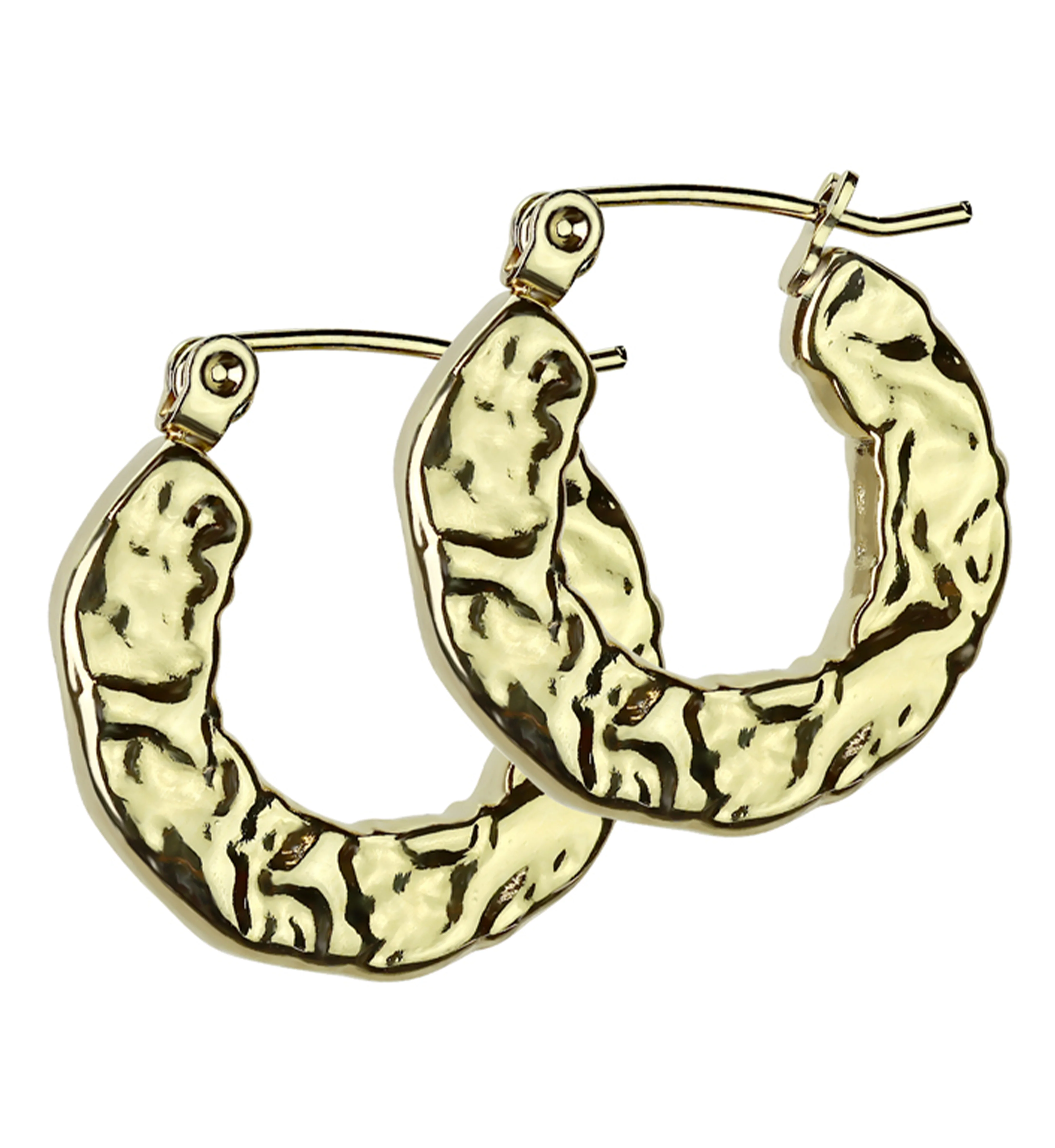 Gold PVD Hammered Hoop Stainless Steel Hinged Earrings - Mrs Treak