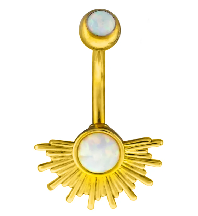 Gold PVD Sunburst White Opalite Stainless Steel Belly Button Ring - Mrs Treak