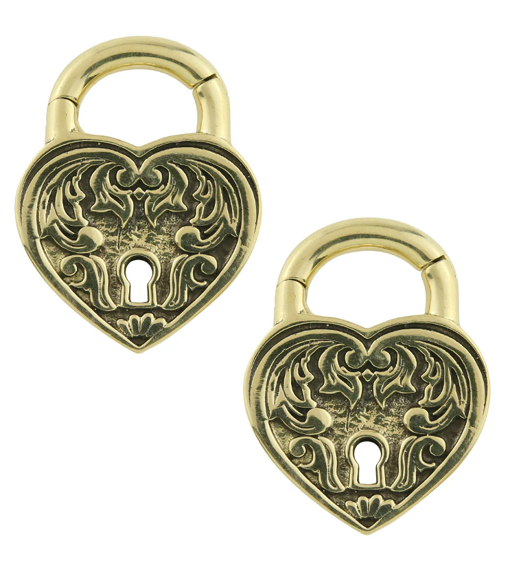 Ornate Heart Lock Brass Hinged Ear Weights - Mrs Treak