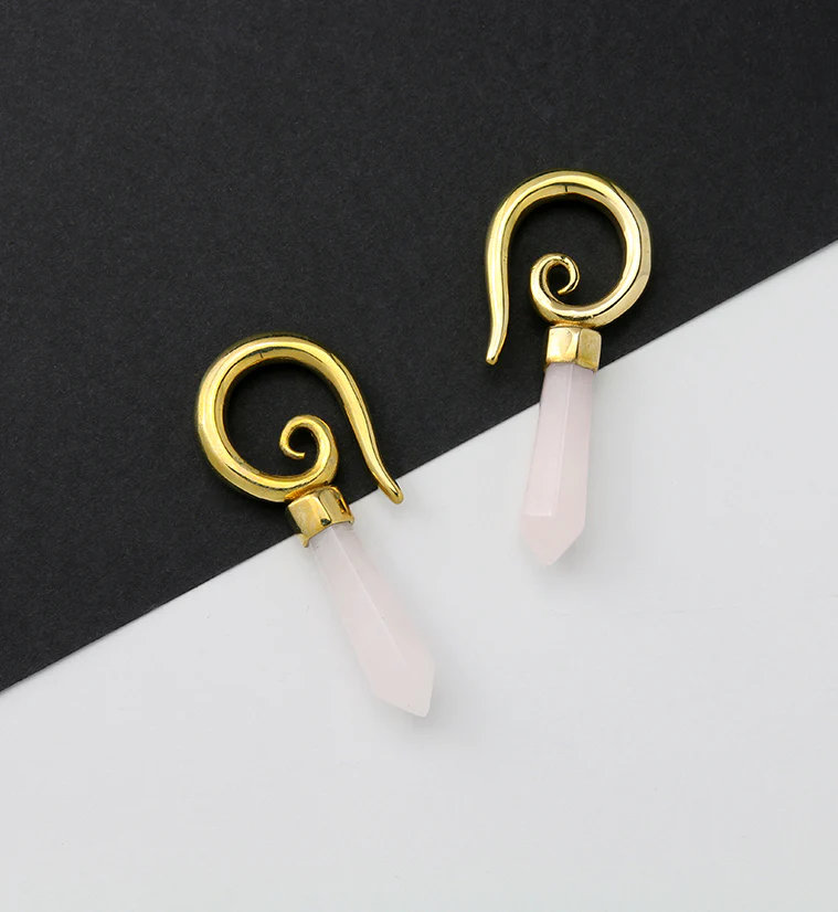 Rose Quartz Cutlas Brass Ear Weights - Mrs Treak