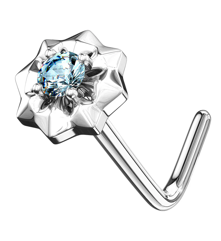 14kt White Gold Sol Aqua CZ L Bend Nose Ring - Mrs Treak