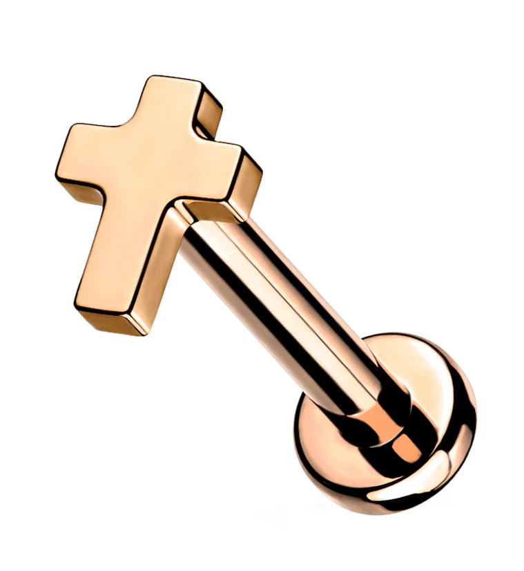 Rose Gold PVD Cross Internally Threaded Titanium Labret - Mrs Treak