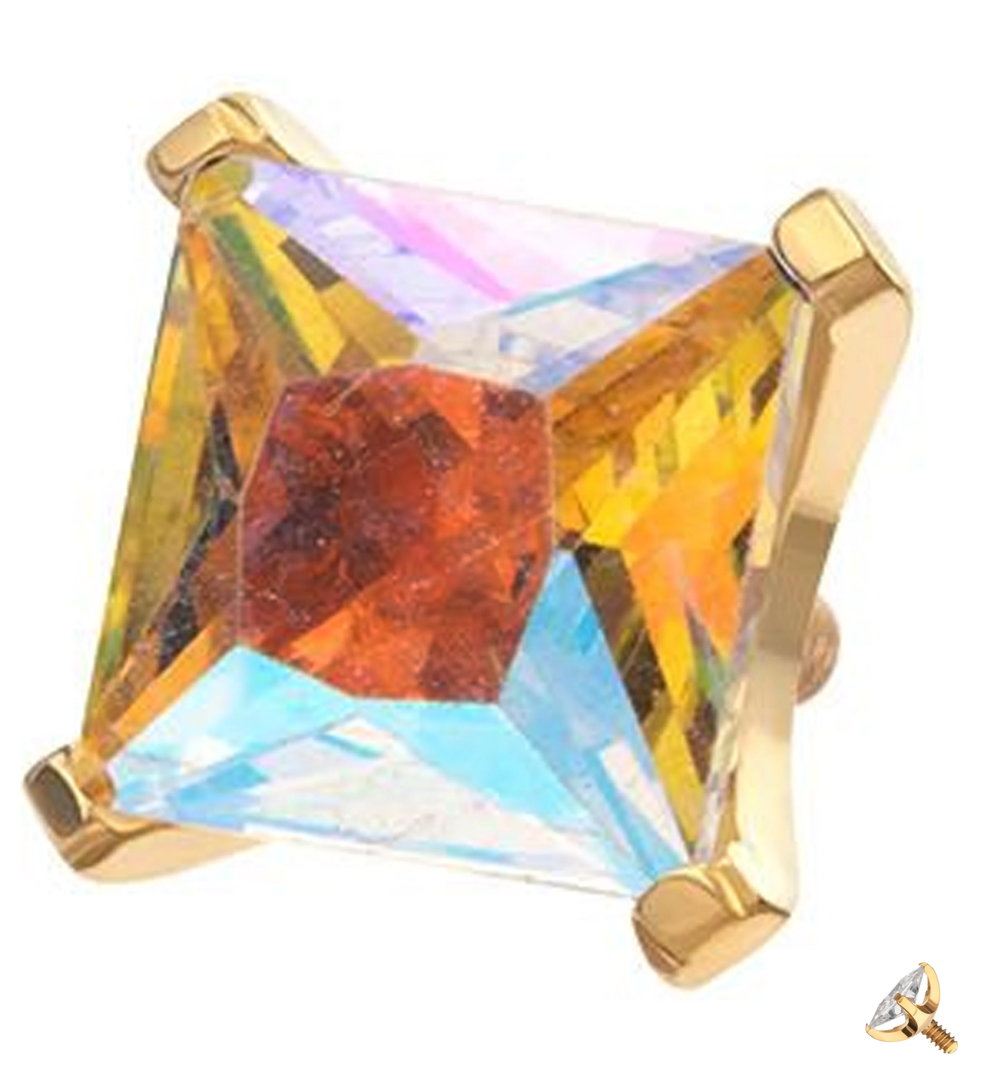 24kt Gold PVD Princess Rainbow Aurora CZ Internally Threaded Titanium Top - Mrs Treak