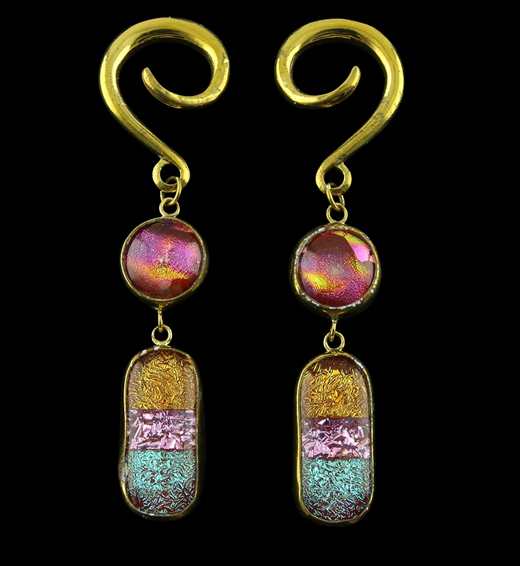 Sunset Double Oblong Dichroic Glass Brass Ear Weights - Mrs Treak