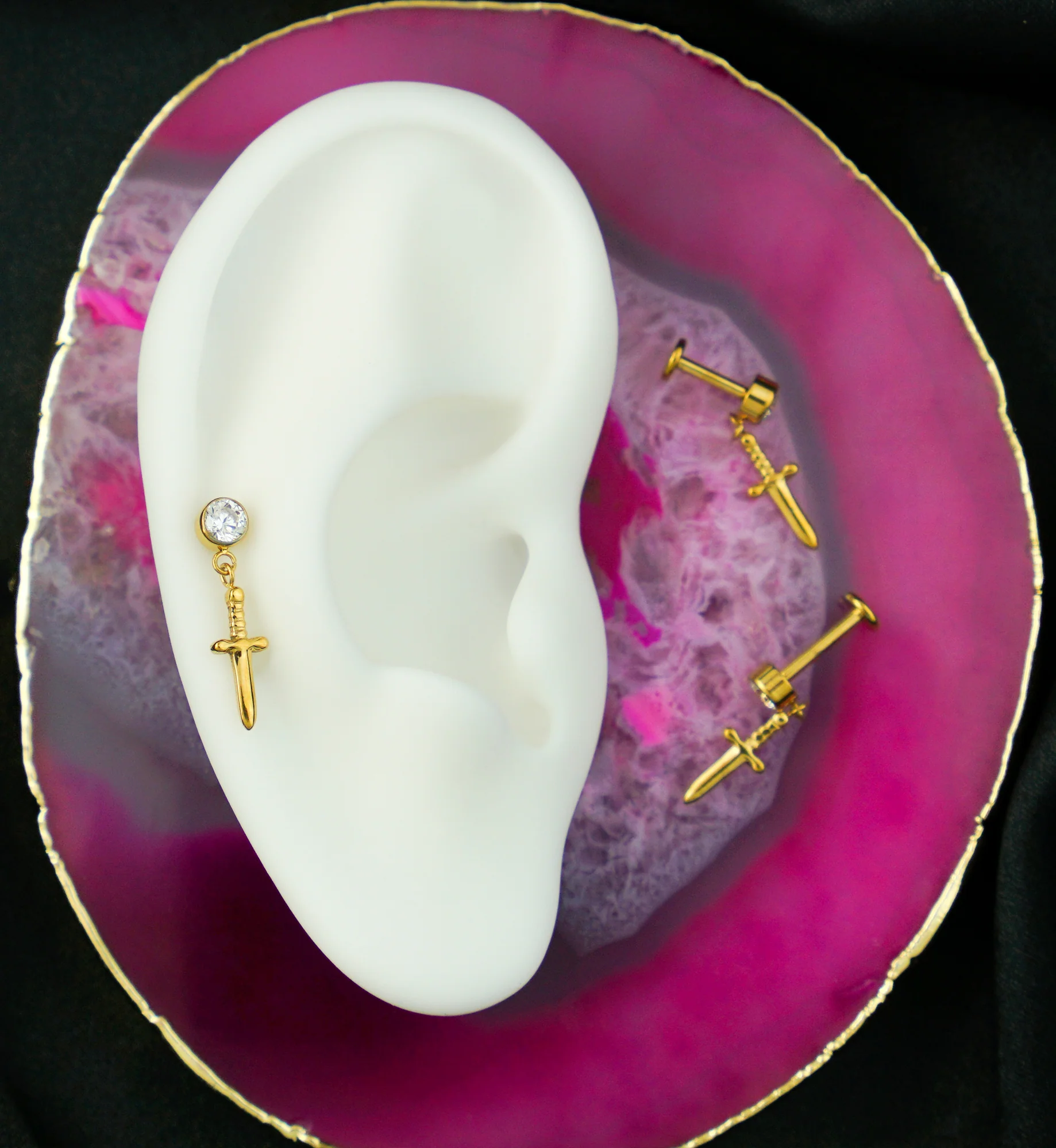 Gold PVD Twisted Handle Dagger Dangle Internally Threaded Titanium Labret - Mrs Treak