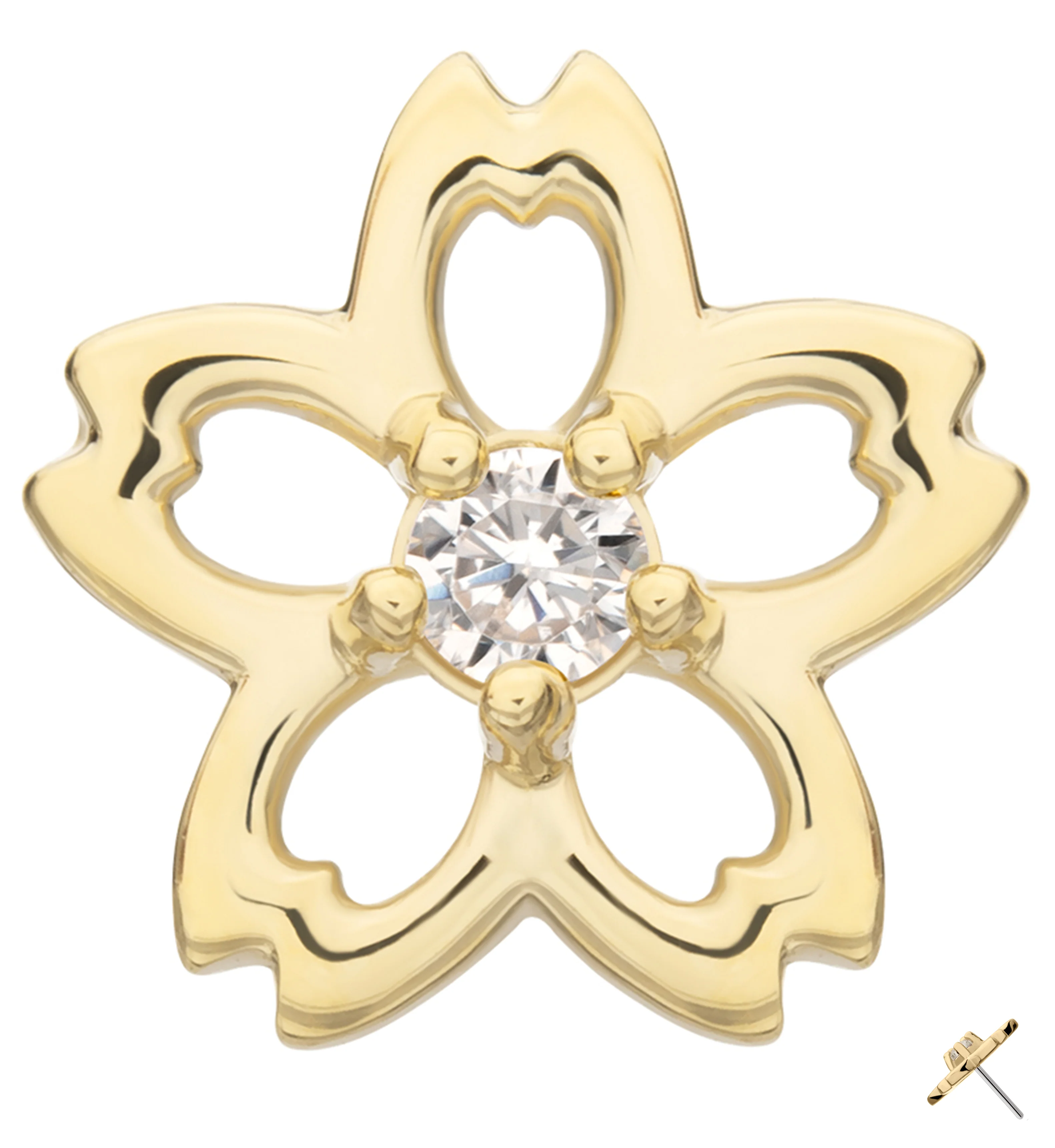 14kt Gold Floral Cutout Blossom Clear CZ Threadless Top - Mrs Treak