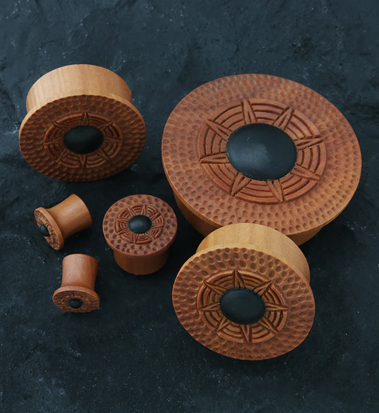 Black Sun Hammered Saba Wood Mayan Flare Plugs - Mrs Treak