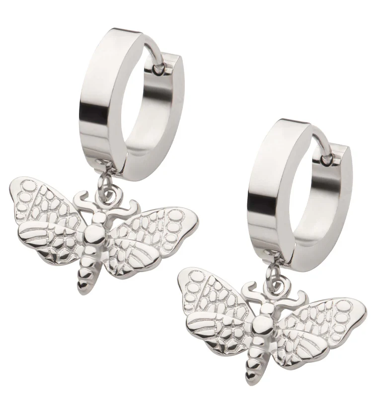 Moth Stainless Steel Hoop Huggie Earrings - Mrs Treak