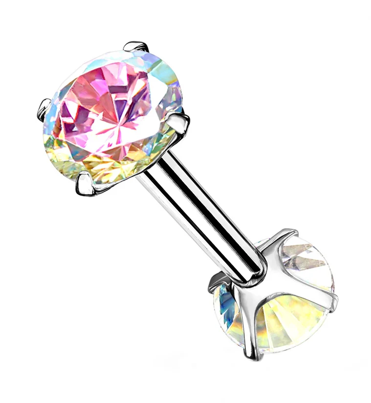 Rainbow Aurora Double Round CZ Prong Set Stainless Steel Barbell - Mrs Treak