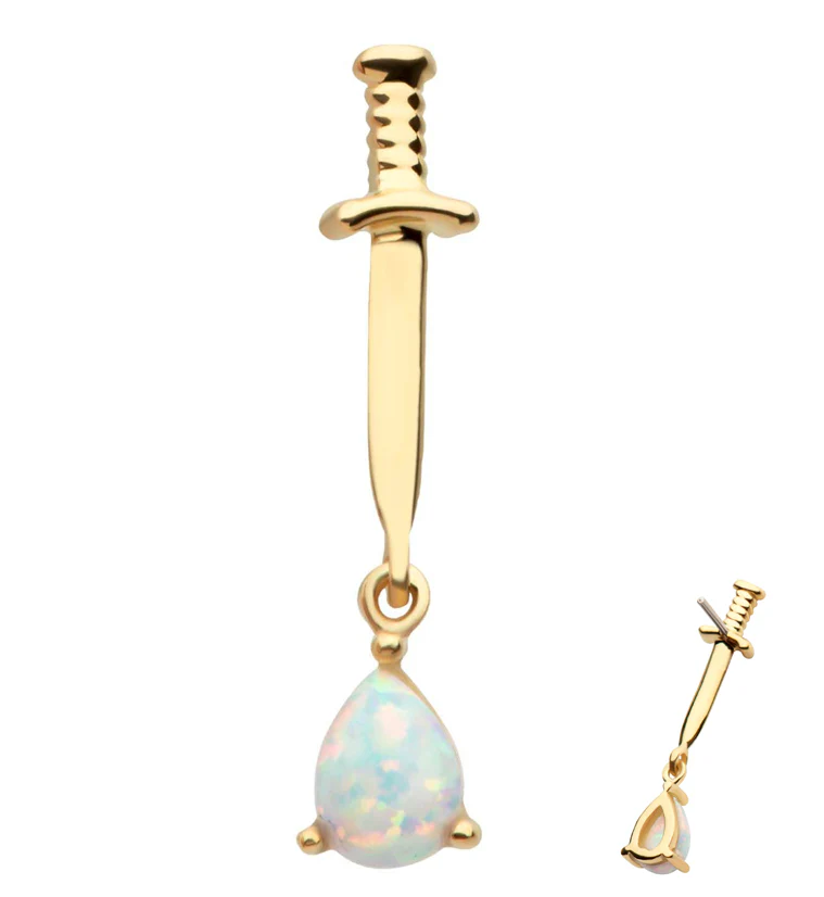 14kt Gold Dagger White Opalite Dangle Threadless Top - Mrs Treak