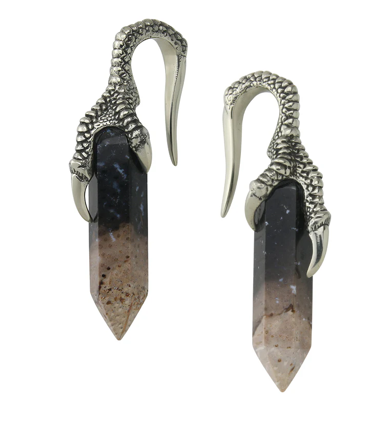 Black Flame Petrified Palm Root Raven Claw White Brass Ear Weights - Mrs Treak