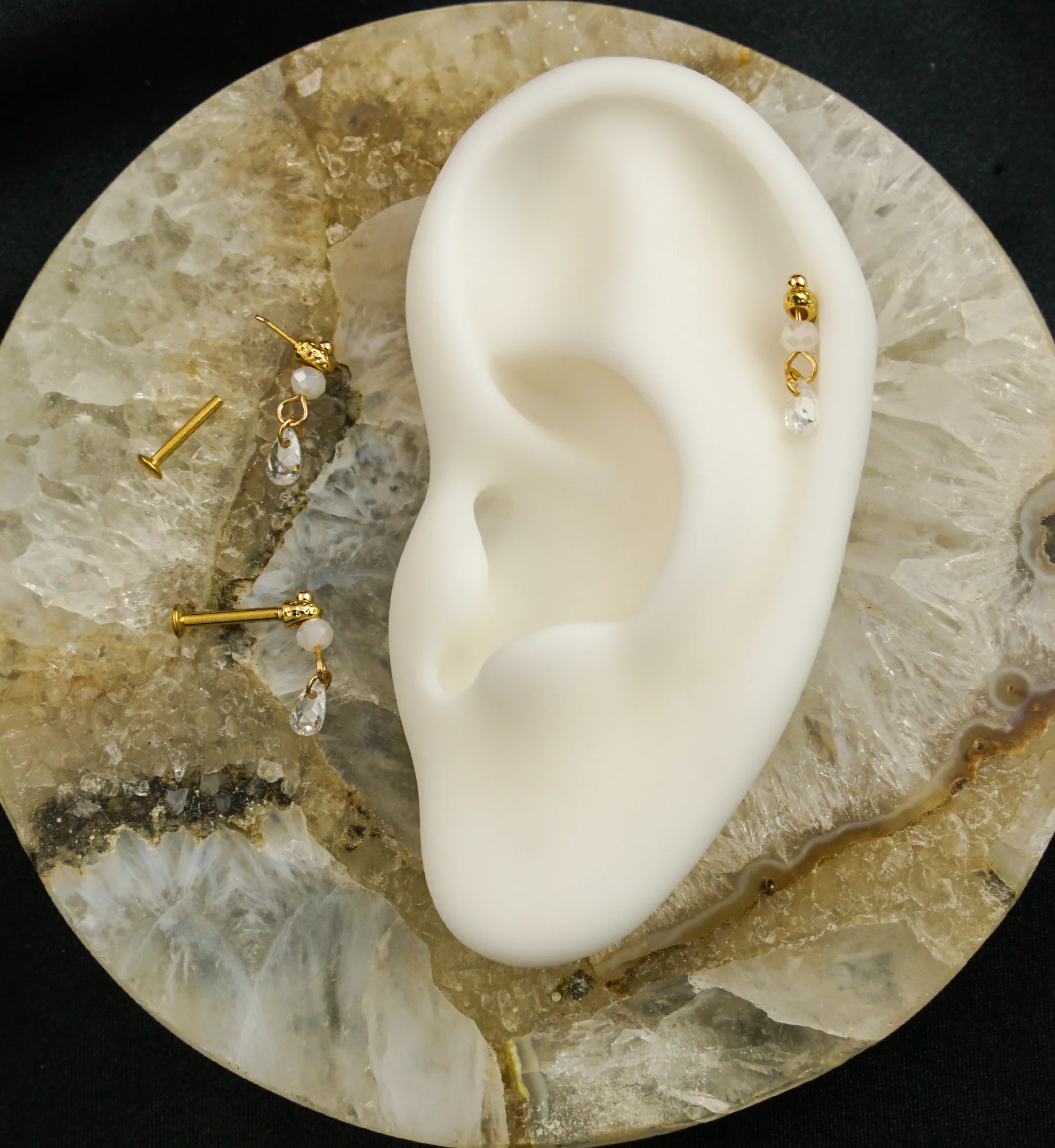 Gold PVD Faceted Bead Teardrop CZ Dangle Stainless Steel Convex Disc Threadless Labret - Mrs Treak