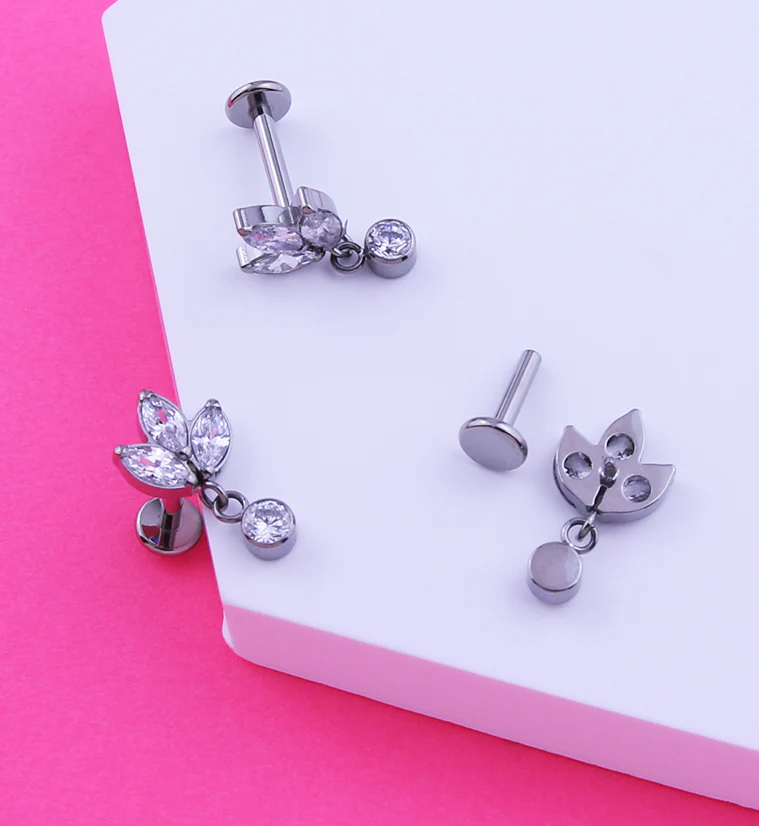 Frond Dangle Clear CZ Internally Threaded Titanium Labret - Mrs Treak