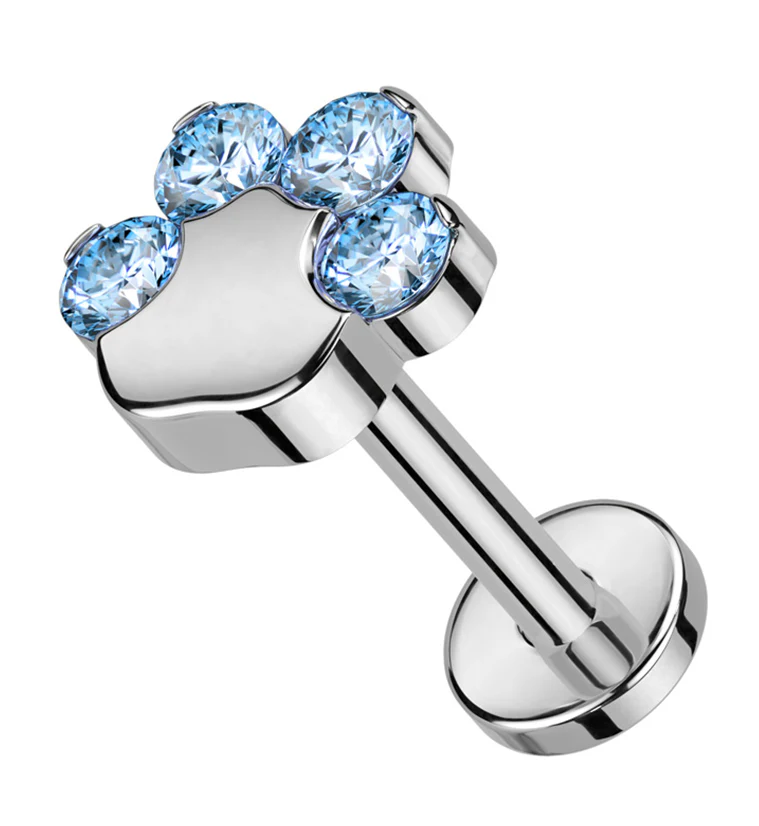 Paw Print Aqua CZ Titanium Threadless Labret - Mrs Treak
