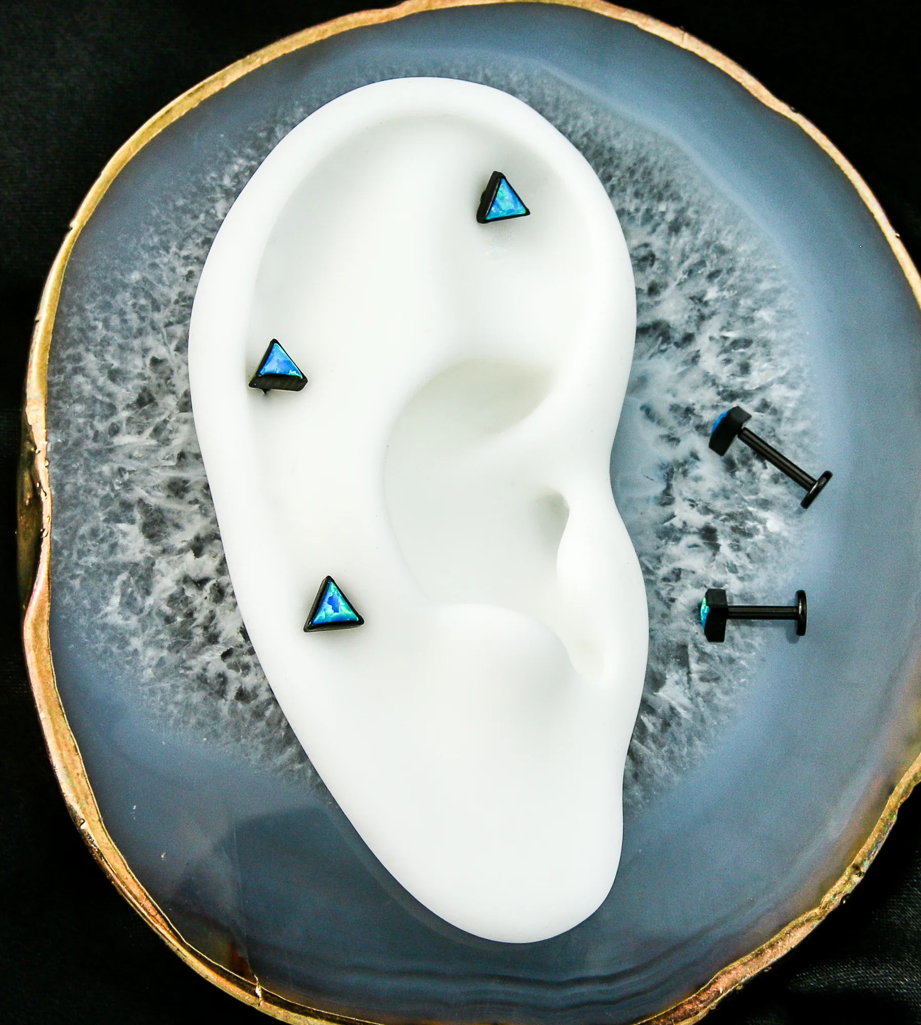 Black PVD Triangle Blue Opalite Internally Threaded Titanium Labret - Mrs Treak