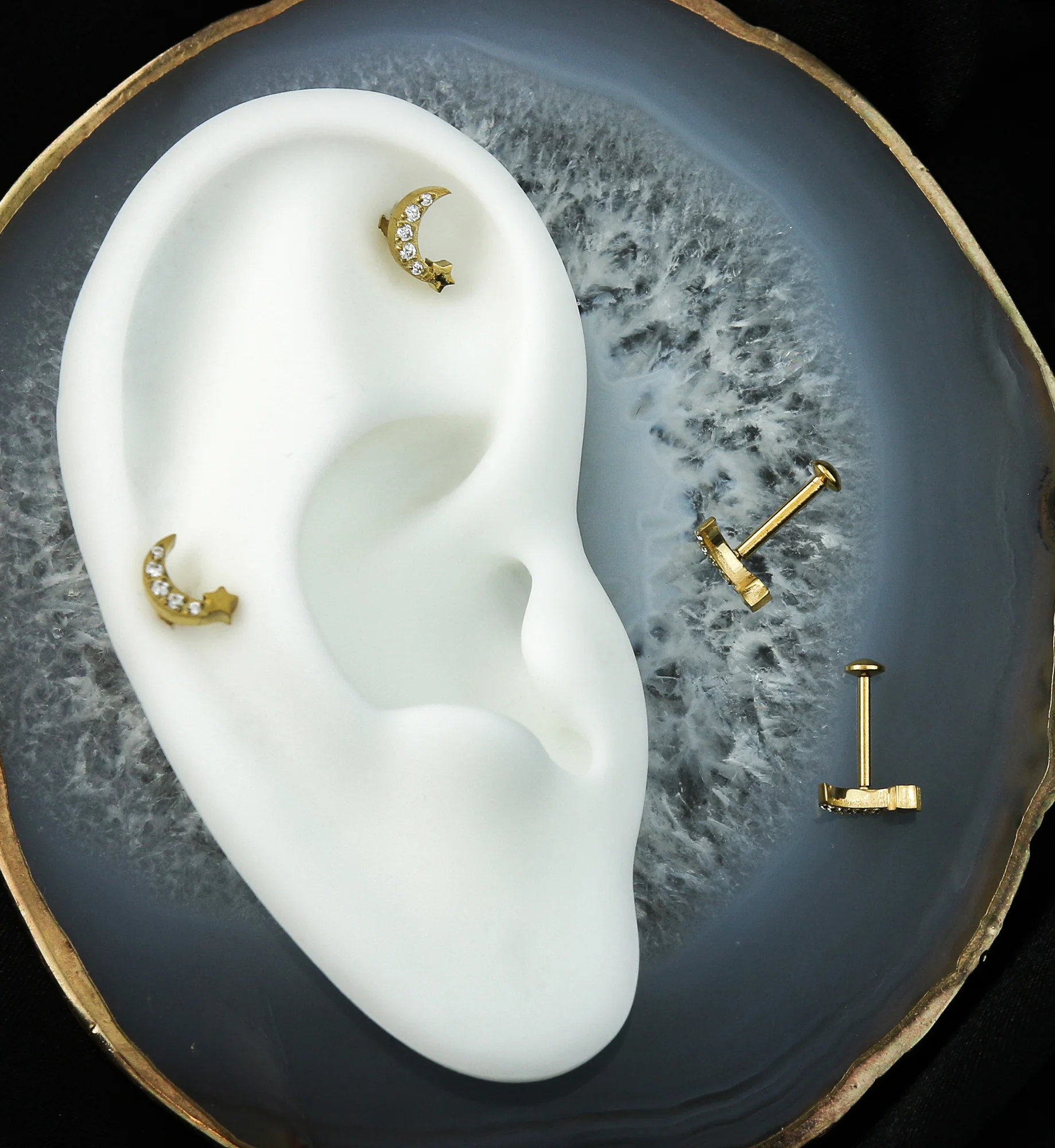 Gold PVD Half Moon Star Clear CZ Stainless Steel Convex Back Threadless Labret - Mrs Treak