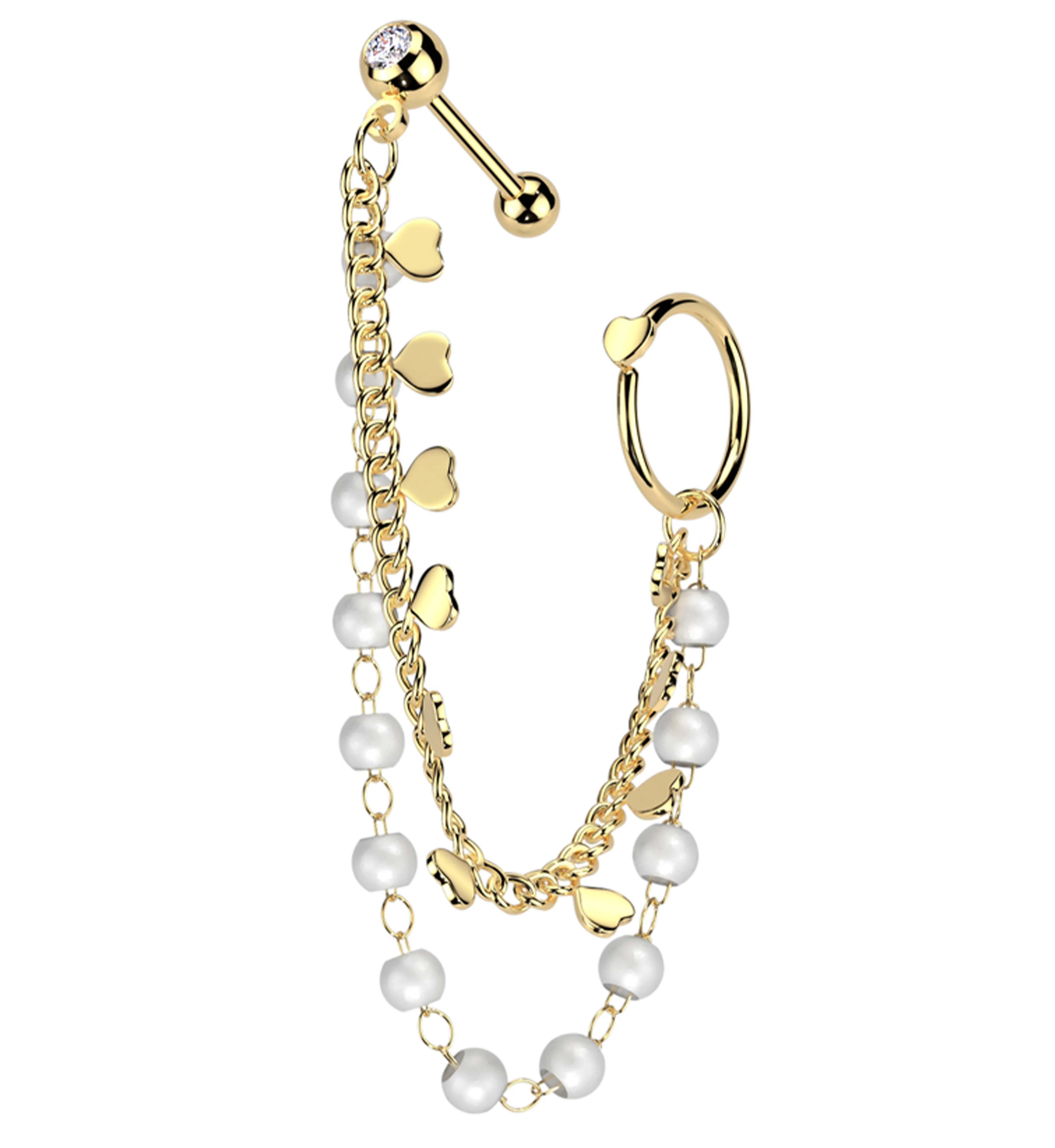Gold PVD Hoop/Barbell Clear CZ Stainless Steel Pearl And Heart Dual Piercing Chain - Mrs Treak