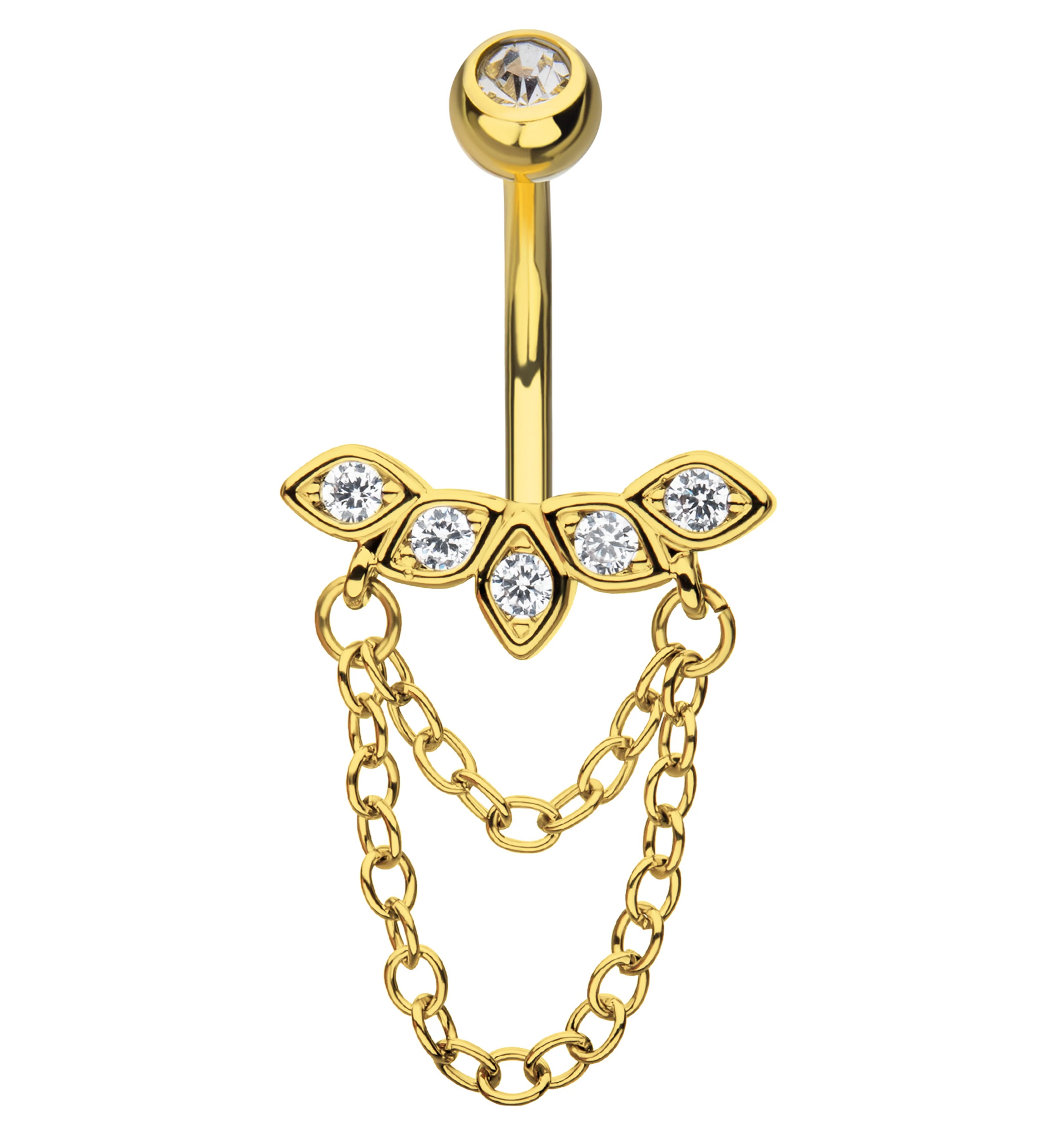 Gold PVD Petal Arch Clear CZ Double Dangle Chain Stainless Steel Belly Button Ring - Mrs Treak