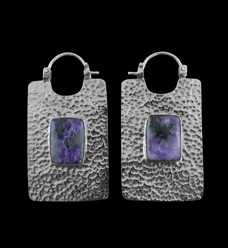 14G Obverse Charoite Stone White Brass Hangers - Earrings - Mrs Treak