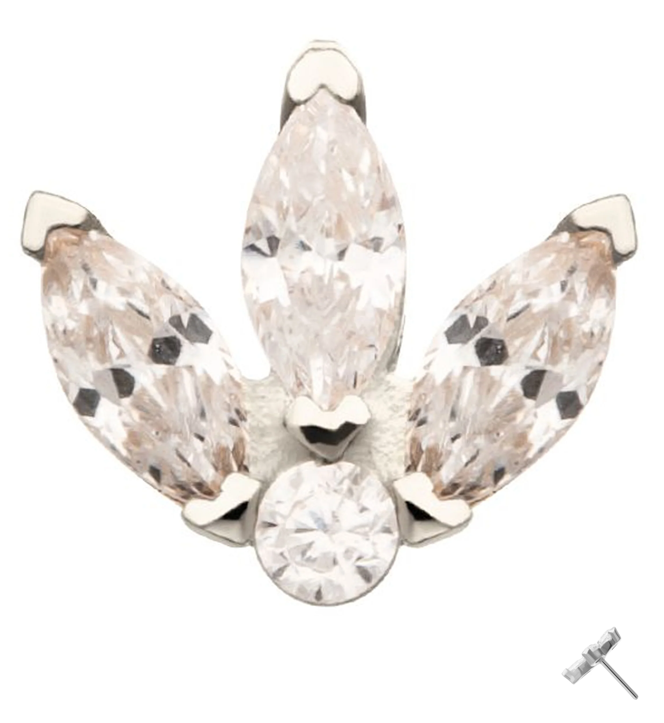 14kt White Gold Tri Sepal Clear CZ Threadless Top - Mrs Treak