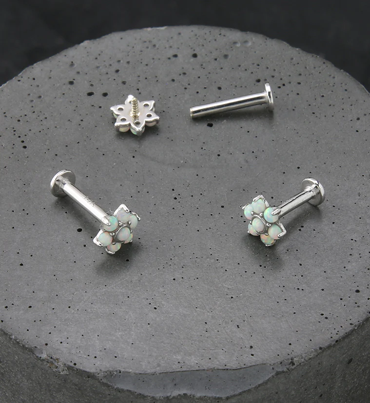 14kt White Gold Flower White Opalite Internally Threaded Labret - Mrs Treak