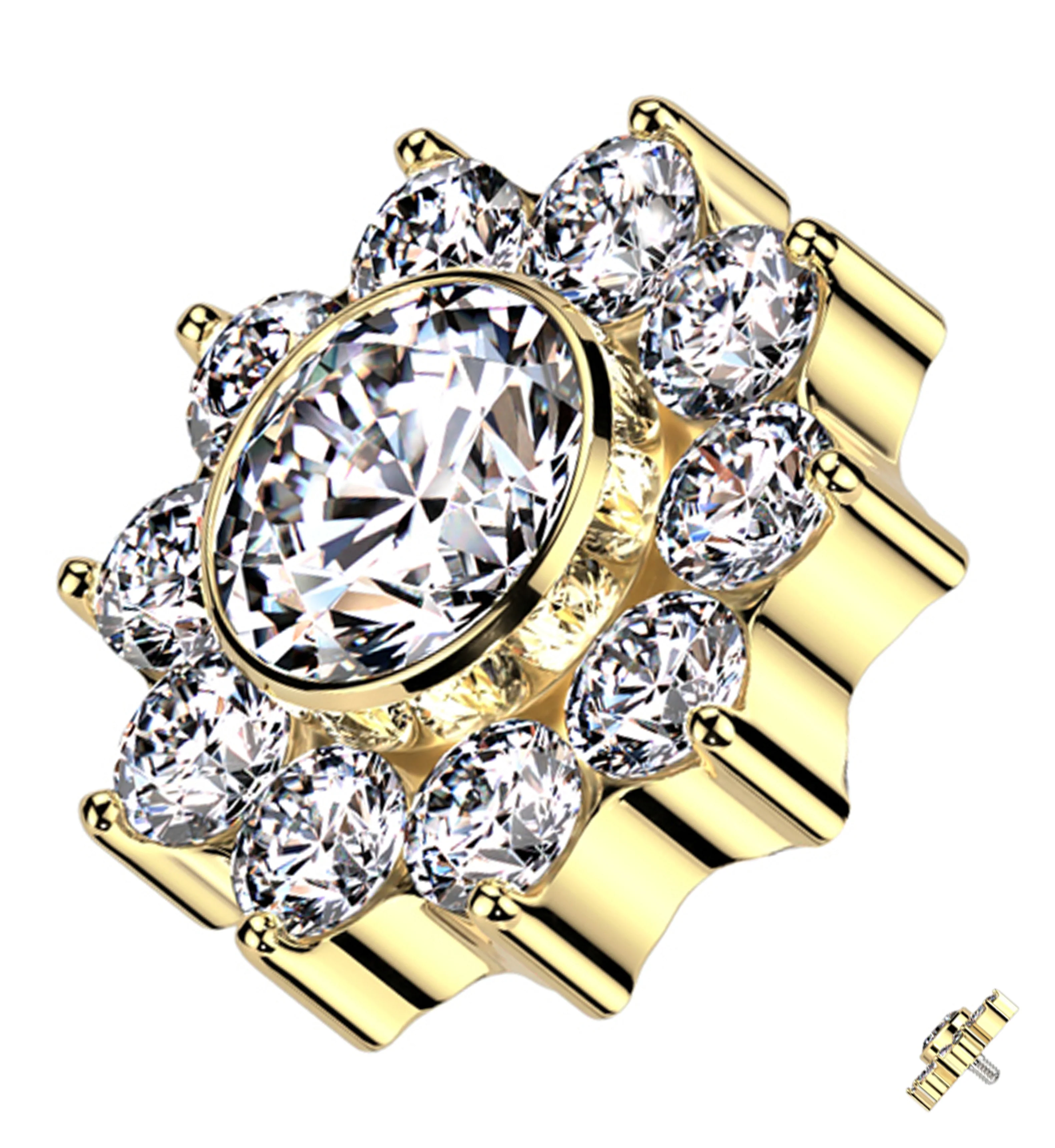 Gold PVD Pave Flower Clear CZ Titanium Internally Threaded Top - Mrs Treak