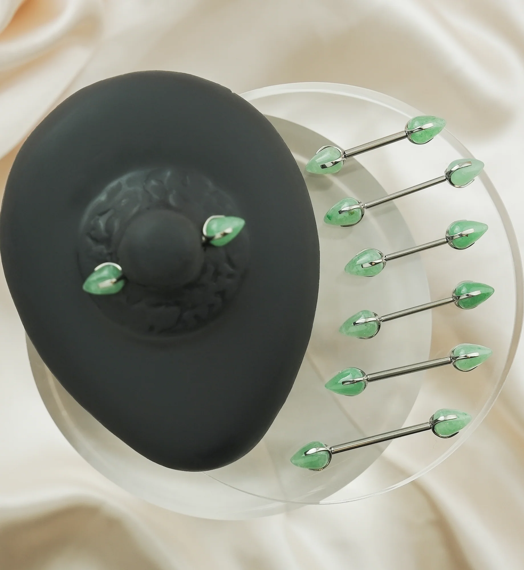 Point Green Aventurine Stone Threadless Titanium Nipple Barbell - Mrs Treak