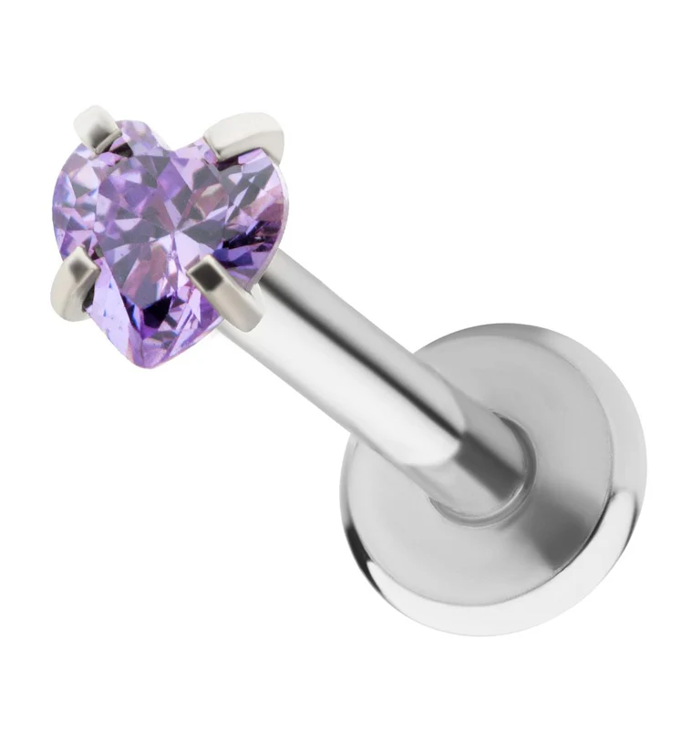 Heart Amethyst CZ Stainless Steel Internally Threaded Labret - Mrs Treak