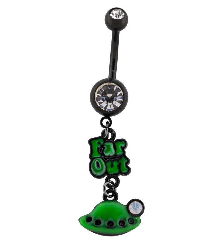 Green Far Out Spaceship CZ Dangle Black PVD Belly Button Ring - Mrs Treak