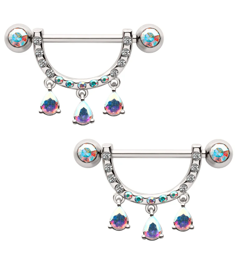 Triple Teardrop Dangle Rainbow Aurora CZ Stainless Steel Nipple Barbell - Mrs Treak