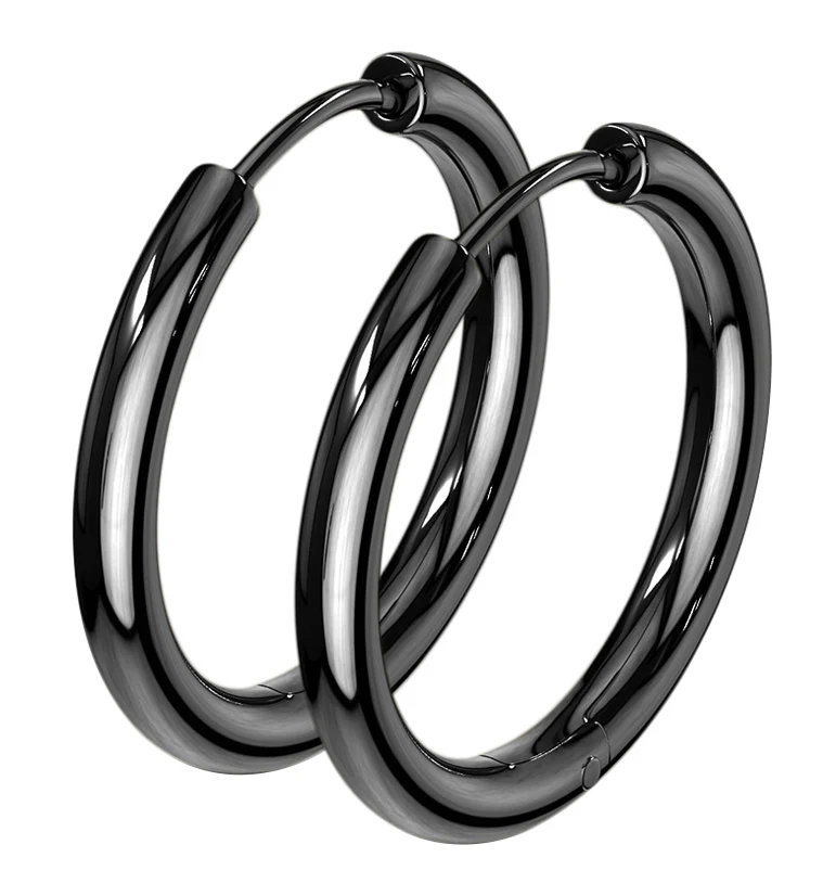 Black PVD Stainless Steel Hinged Hoop Earrings - Mrs Treak