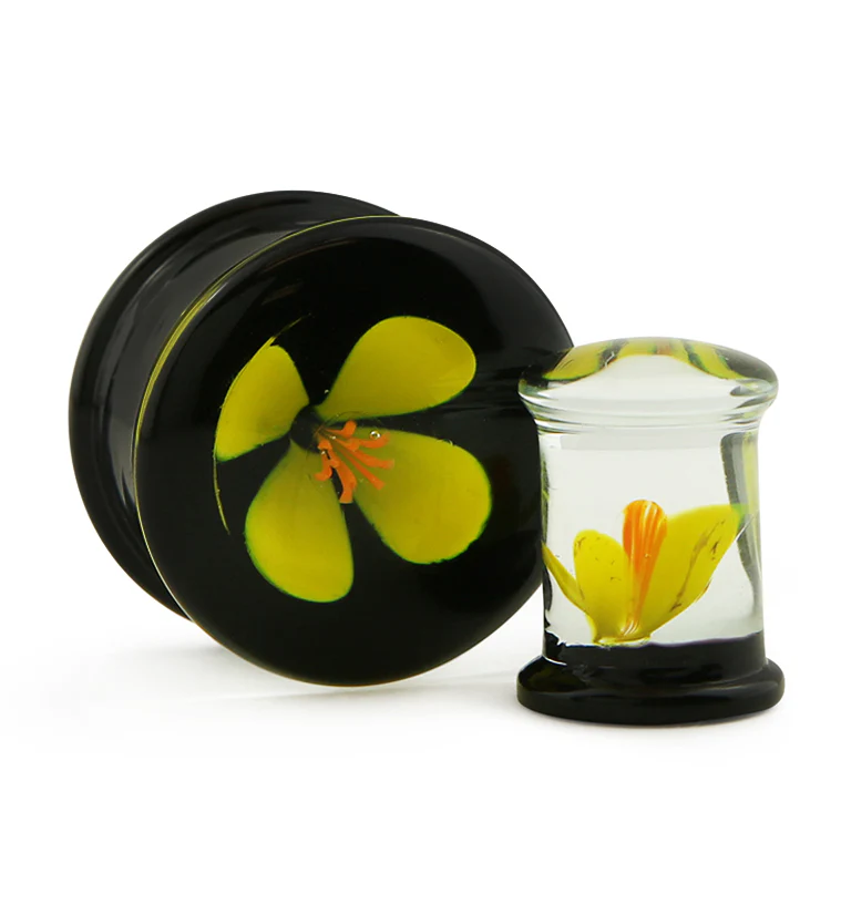 Yellow Poppy Flower Black Glass Double Flare Plugs - Mrs Treak