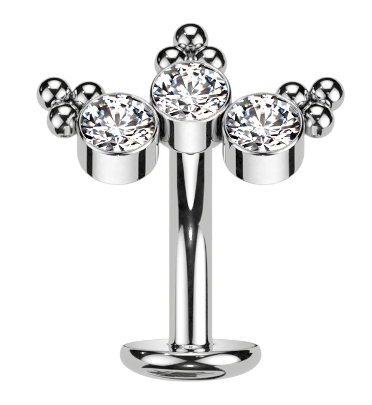 Triple Beaded Clear CZ Titanium Threadless Floating Belly Button Ring (Convex Disk) - Mrs Treak