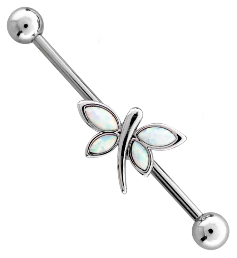 Dragonfly White Opalite Stainless Steel Industrial Barbell - Mrs Treak
