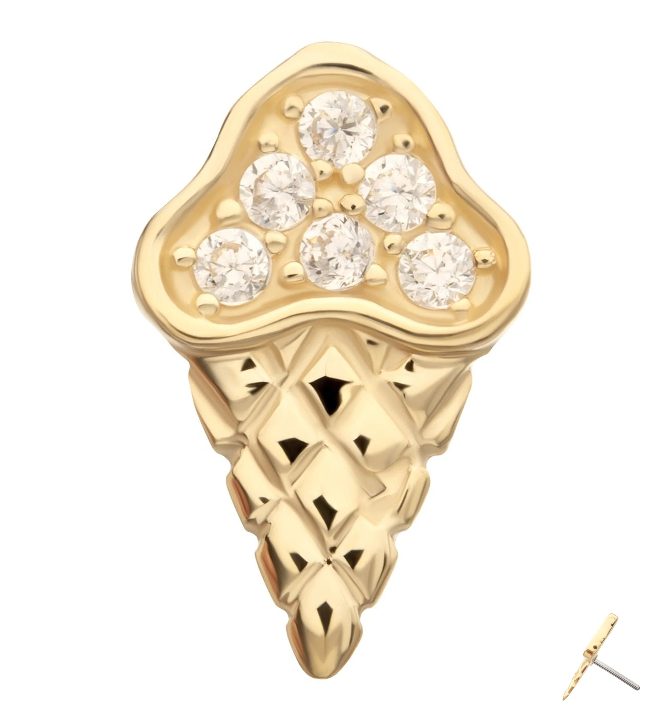 14kt Gold Ice Cream Cone Clear CZ Threadless Top - Mrs Treak