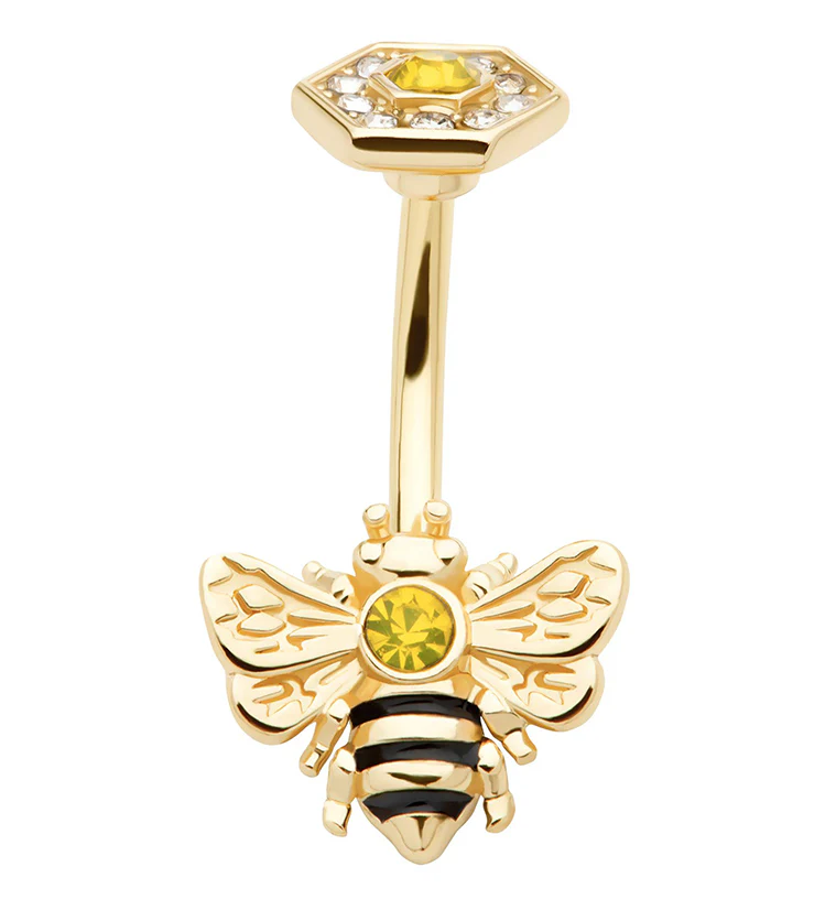 Gold PVD Bee Topaz CZ Belly Button Ring - Mrs Treak