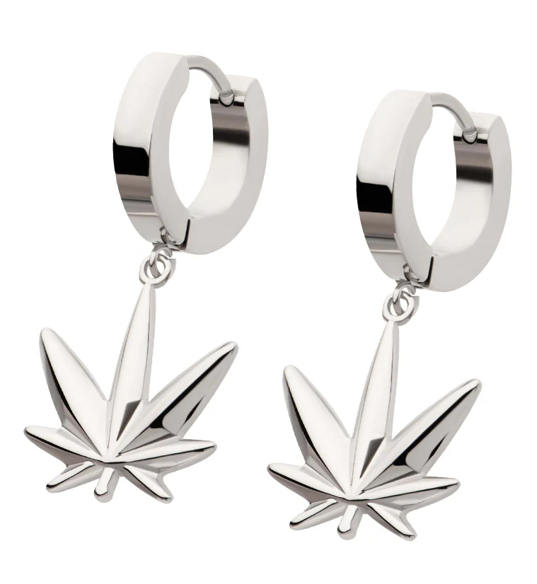 Cannabis Leaf Stainless Steel Hoop Huggie Earrings - Mrs Treak