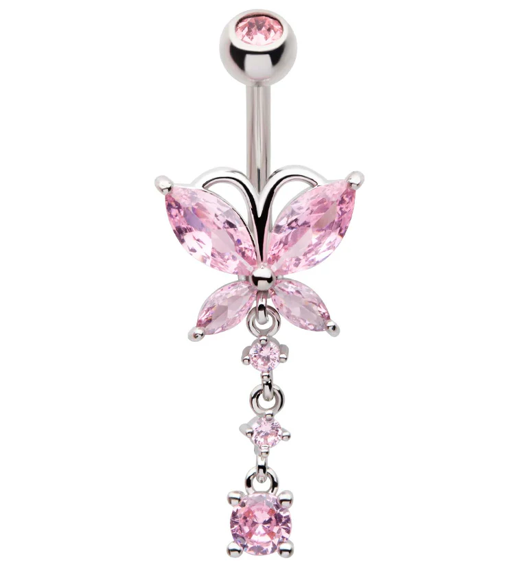 Butterfly Triple Dangle Pink CZ Stainless Steel Belly Button Ring - Mrs Treak