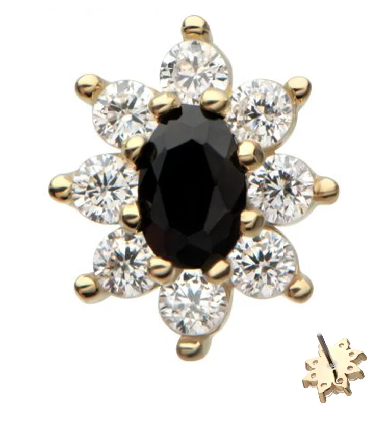 14kt Gold Oval Flower Black CZ Threadless Top - Mrs Treak