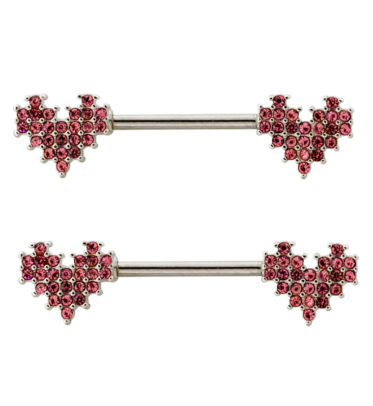 Pink Pixel CZ Hearts Stainless Steel Nipple Barbell - Mrs Treak