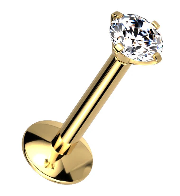 Gold PVD Clear CZ Prong Labret Stud (Convex Disk) - Mrs Treak
