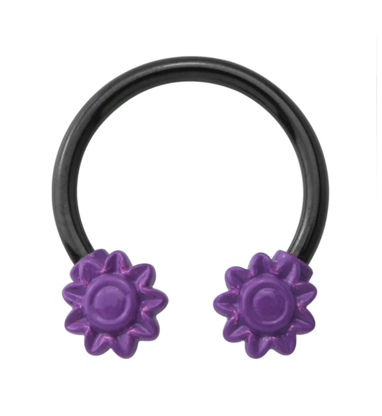 Purple Flower Black PVD Stainless Steel Circular Barbell - Mrs Treak