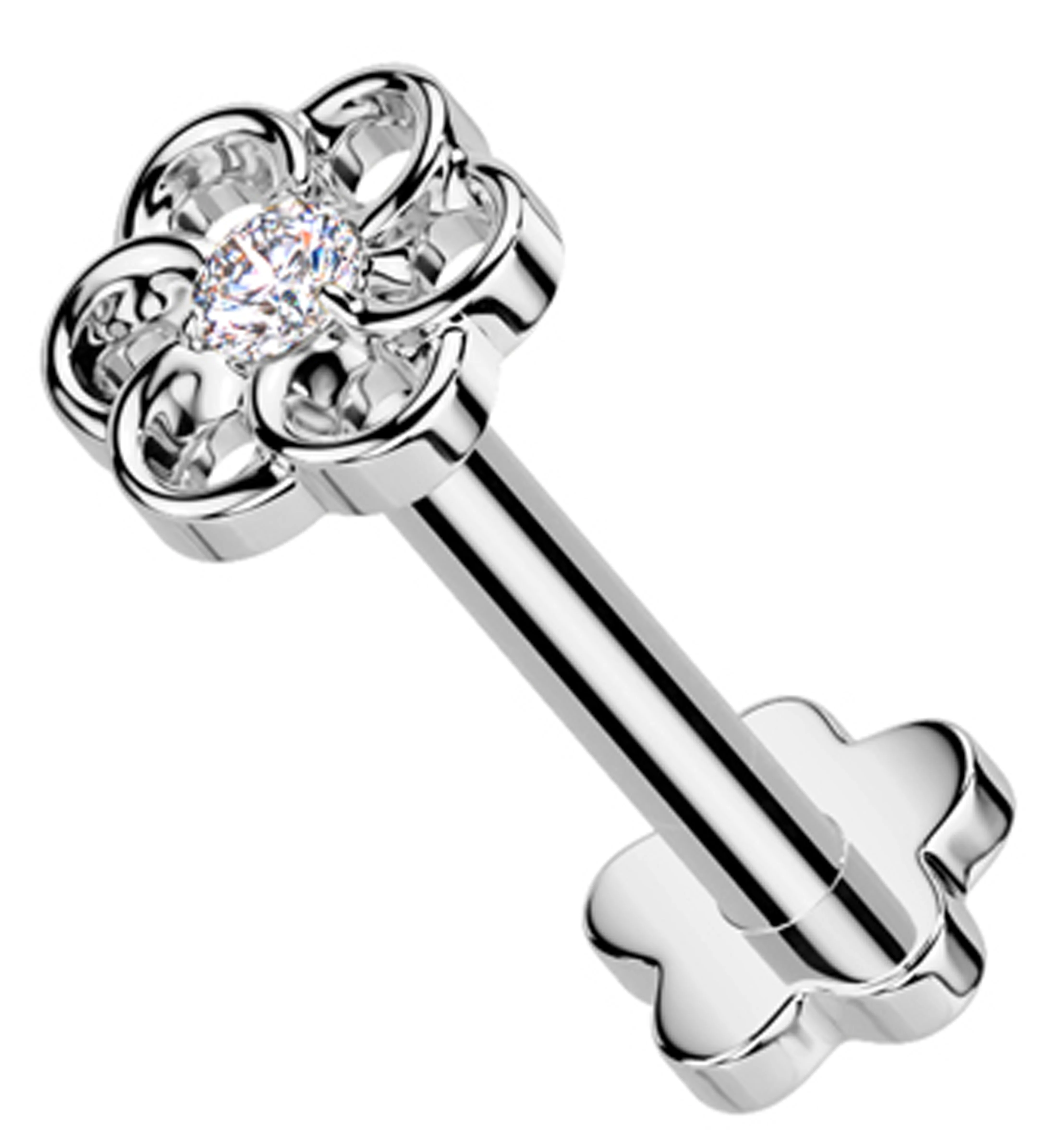 Swirling Flower Clear CZ Threadless Titanium Flower Back Labret - Mrs Treak
