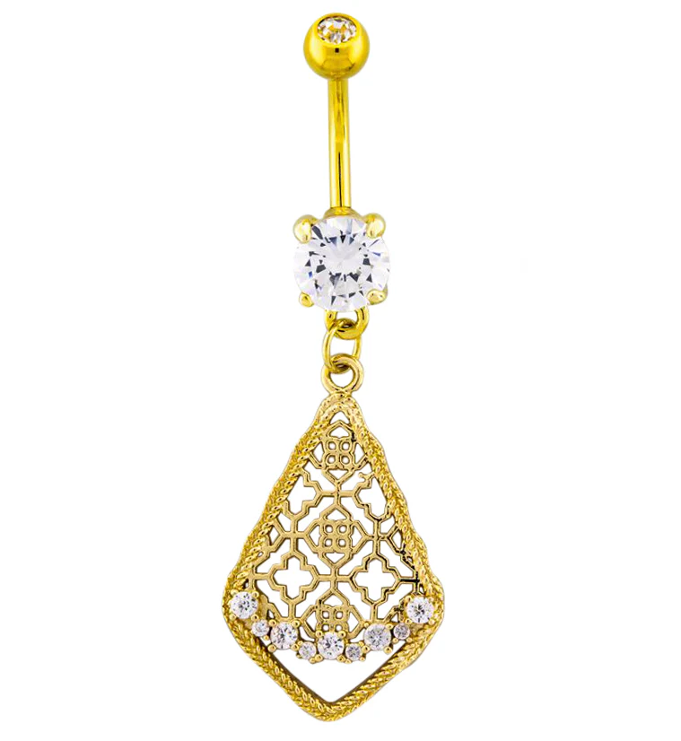 Gold PVD Teardrop Trellis Dangle Belly Button Ring - Mrs Treak