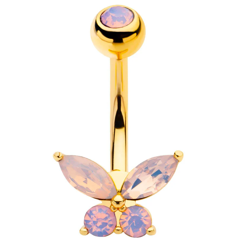 Gold PVD Pink Opalite Butterfly Stainless Steel Belly Button Ring - Mrs Treak