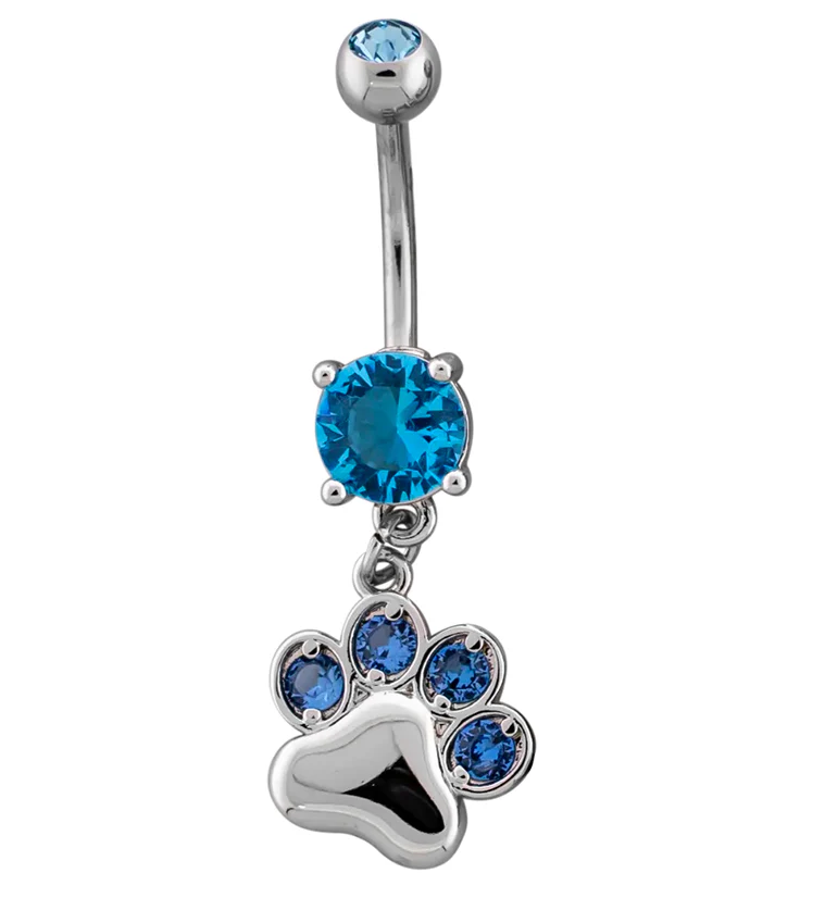 Paw Print Dangle Aqua CZ Stainless Steel Belly Button Ring - Mrs Treak